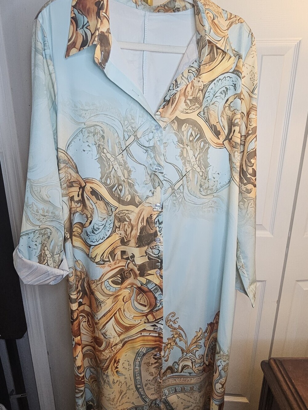Baroque Ornate Print Button Down Maxi Shirt Dress Blue Gold L/XL - Picture 4 of 5